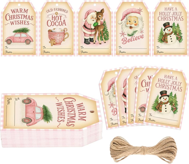 g2plus 50PCS Christmas Gift Tags - 5 Styles Pink Buffalo Plaid Christmas to from Tags with String for Holiday Wrapping, DIY Crafts, New Year Party Favors（3.3x2.2in） - Image 1